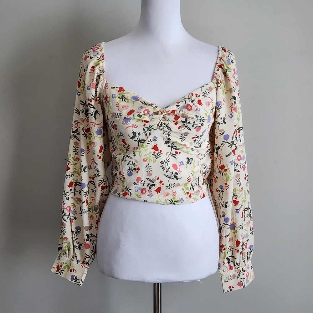 Floral Smocked Back Crop Top Womens Large Cream Long Sleeve Boho Cottagecore